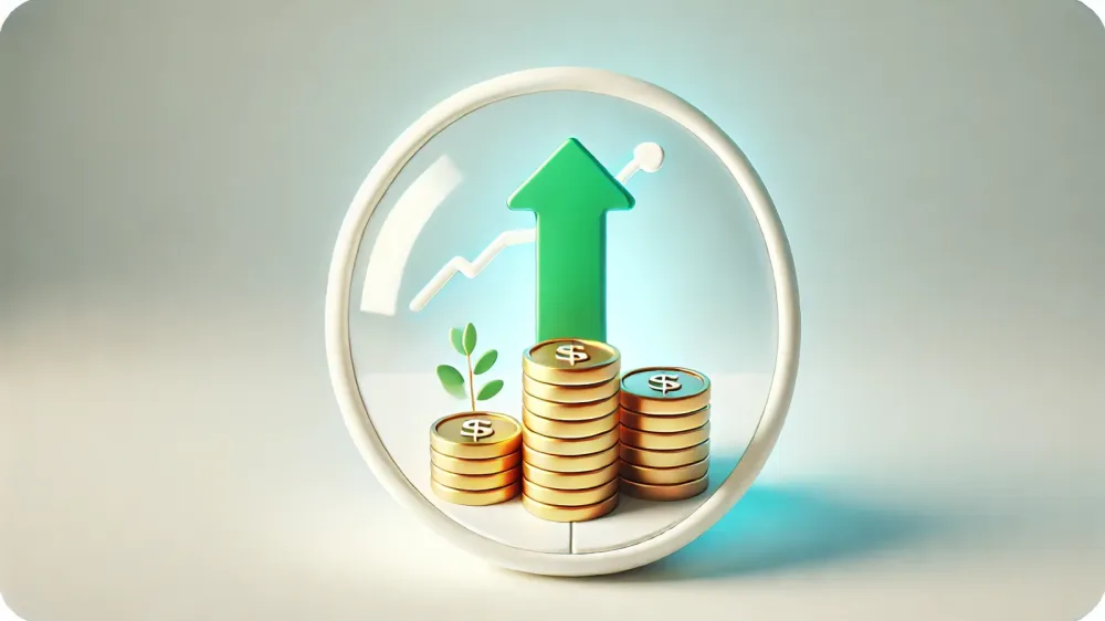 Illustration de la croissance financière avec une flèche verte ascendante, des piles de pièces d'or et une jeune pousse, symbolisant les dividendes et l'investissement.