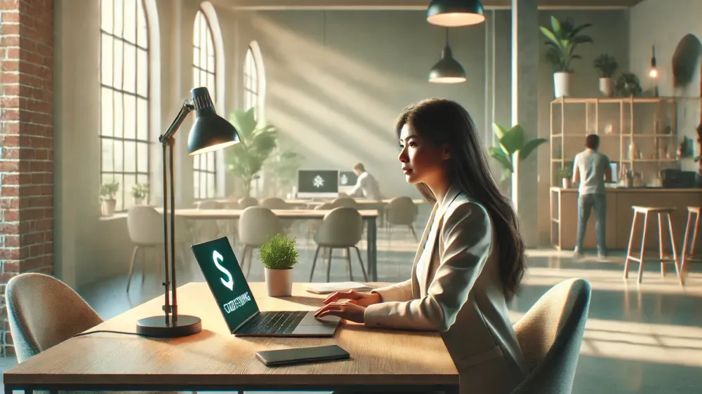 Une femme travaille sur un ordinateur portable avec un symbole de dollar à l'écran, dans un bureau lumineux et moderne.