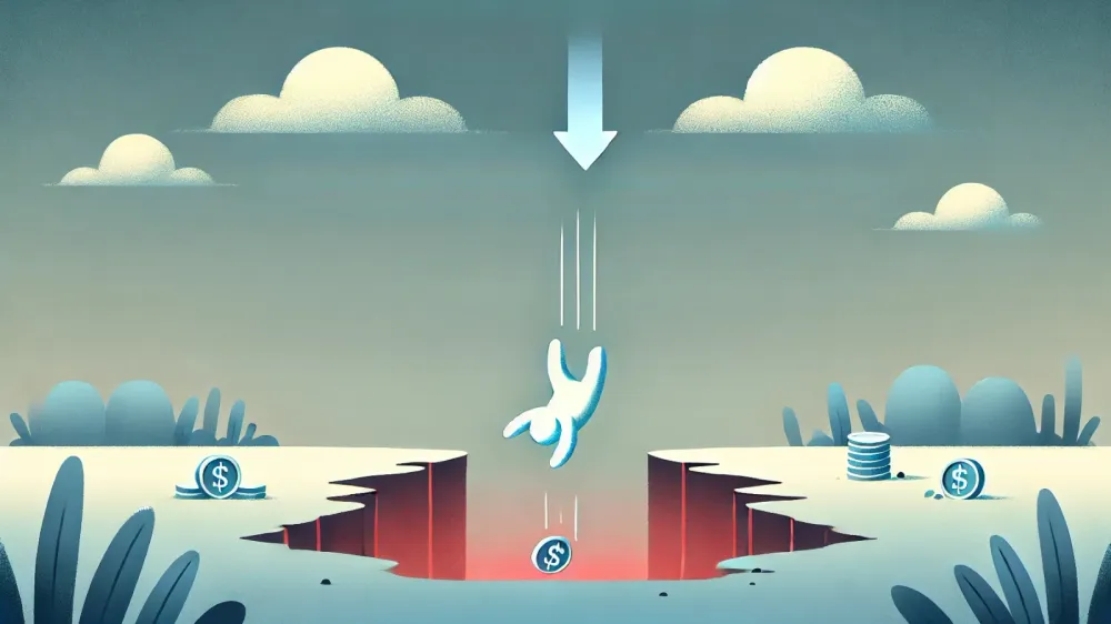 Une personne tombe dans un gouffre avec des pièces de monnaie, symbolisant les risques financiers et les erreurs à éviter en investissant.