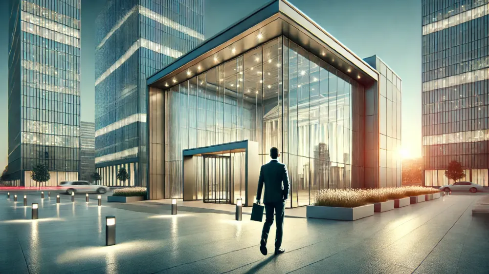 Un homme d'affaires se dirige vers un immeuble de bureaux moderne et lumineux.