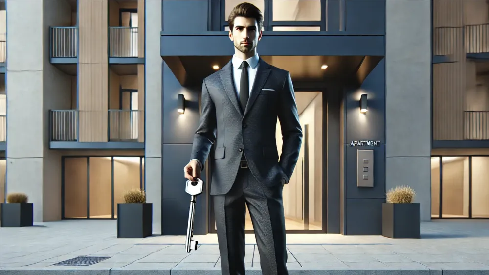 Un agent immobilier en costume devant un immeuble moderne, tenant une clé, symbolisant le choix entre devenir propriétaire ou rester locataire.