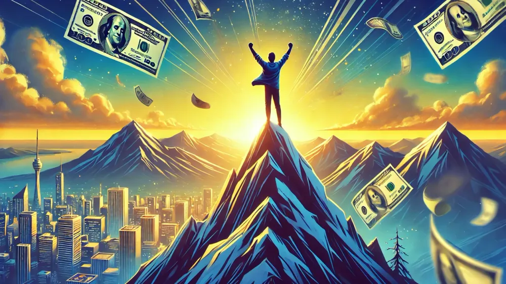 Homme au sommet d'une montagne, bras levés, entouré de billets de banque, symbolisant la réussite financière et l'atteinte de la liberté financière.