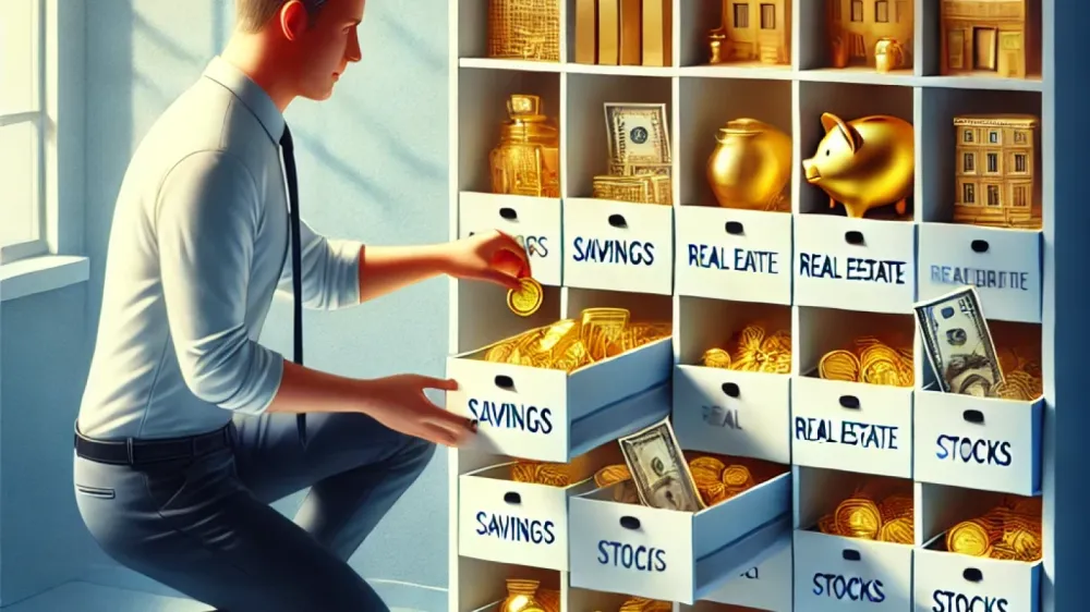 Un homme range des pièces d'or dans des boîtes étiquetées "Épargne", "Immobilier" et "Actions", symbolisant différentes options d'investissement.