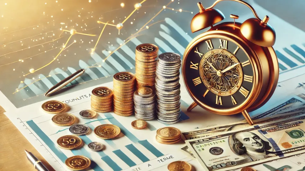 Image illustrant un compte à terme avec des pièces, un graphique de croissance, un stylo et un réveil doré, symbolisant l'investissement et le temps.