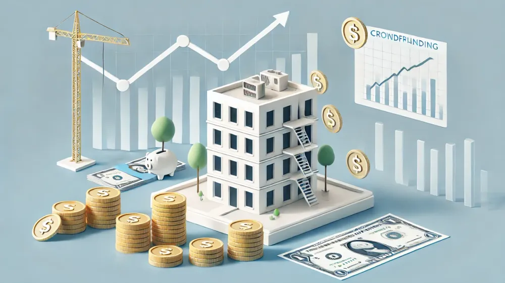 Image illustrative du crowdfunding immobilier : bâtiment, argent, graphiques de croissance, symbolisant l'investissement et le développement.