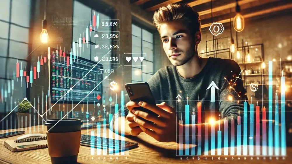 Un jeune homme analyse des graphiques boursiers sur son téléphone et son ordinateur, suggérant l'investissement en bourse.