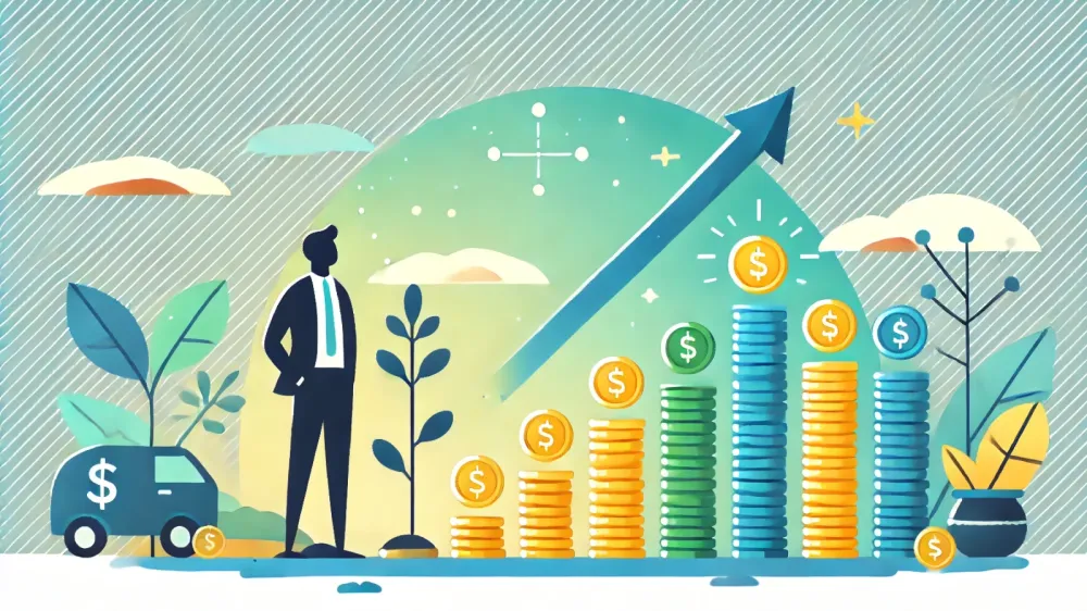 Illustration d'un homme d'affaires devant une courbe de croissance ascendante symbolisée par des piles de pièces, représentant l'investissement et la croissance financière.