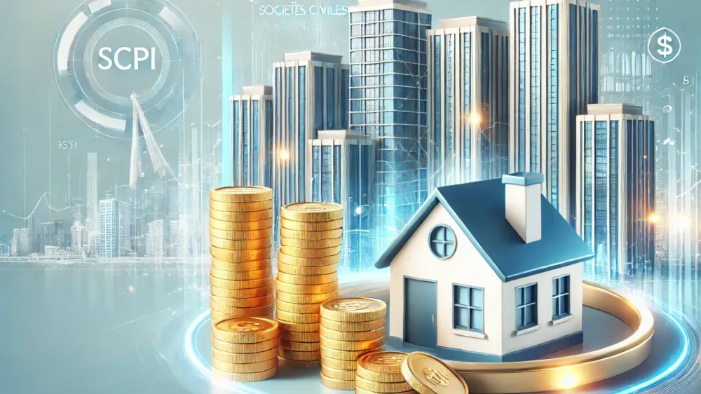 Illustration de SCPI avec des pièces d'or, une maison et des immeubles en arrière-plan, symbolisant l'investissement immobilier.