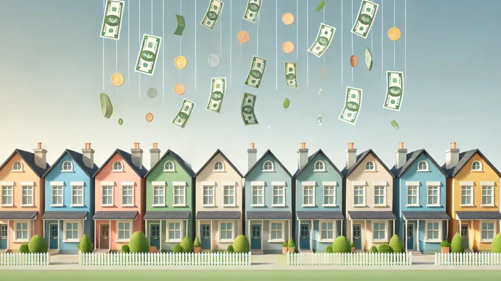 Illustration de maisons colorées avec de l'argent qui tombe du ciel, symbolisant l'investissement immobilier et l'épargne logement.