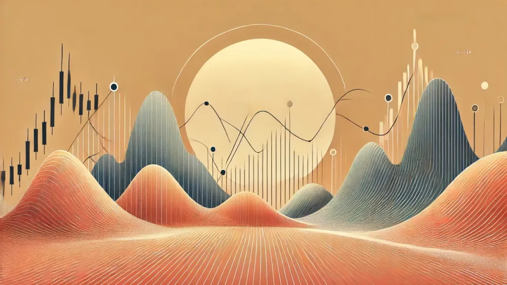Illustration abstraite de graphiques boursiers et de paysages ondulés, symbolisant les différents secteurs boursiers en 2025.