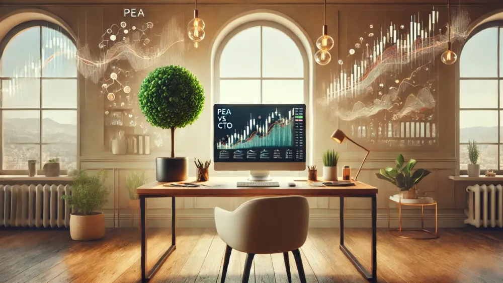 Bureau lumineux avec un écran affichant un graphique boursier comparant PEA et CTO, symbolisant le choix d'investissement en 2025.