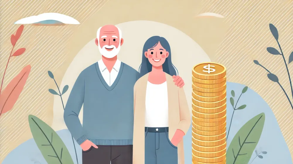 Illustration d'un couple souriant à côté d'une pile de pièces d'or, symbolisant la planification financière pour la retraite avec un PER.