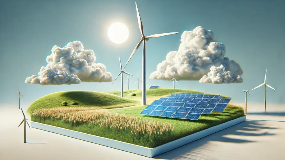 Image illustrative de l'investissement dans les énergies renouvelables : éoliennes et panneaux solaires sur une île verdoyante sous un ciel ensoleillé.