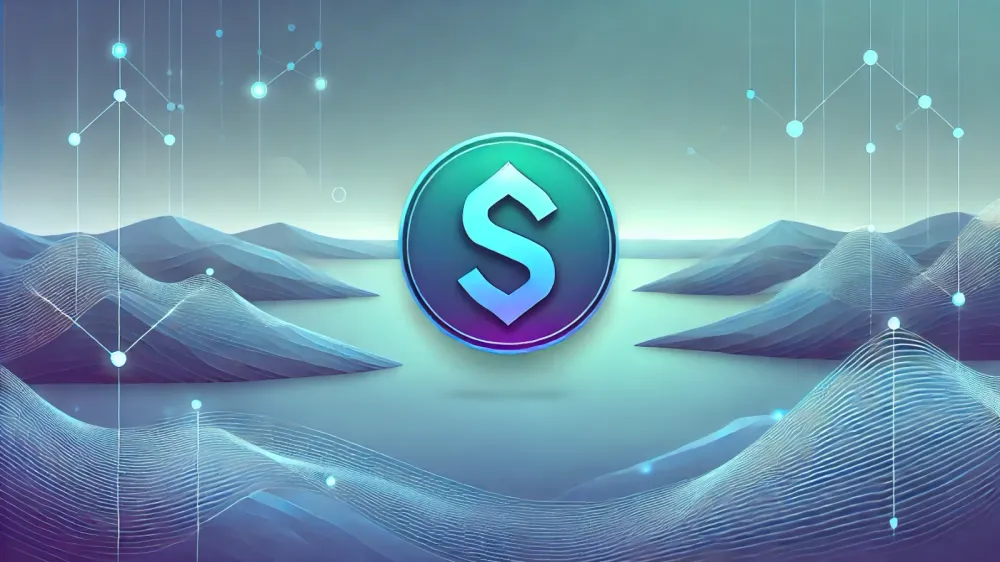 Illustration de Solana (SOL) avec un logo stylisé 'S' sur un fond de montagnes et de réseaux numériques, symbolisant l'innovation et la technologie blockchain.