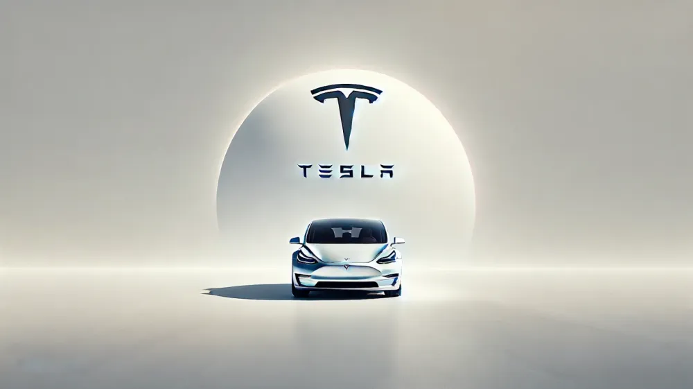 Tesla Model 3 blanche devant le logo Tesla, symbole d'innovation et de technologie propre.