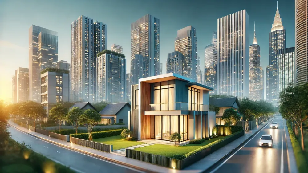 Illustration d'une maison moderne avec des gratte-ciel en arrière-plan, symbolisant l'investissement immobilier en milieu urbain.