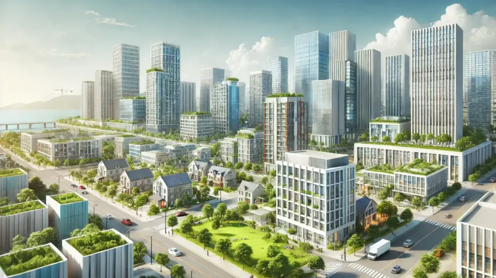 Vue aérienne d'une ville moderne avec des immeubles de bureaux et des maisons individuelles, illustrant l'investissement immobilier.