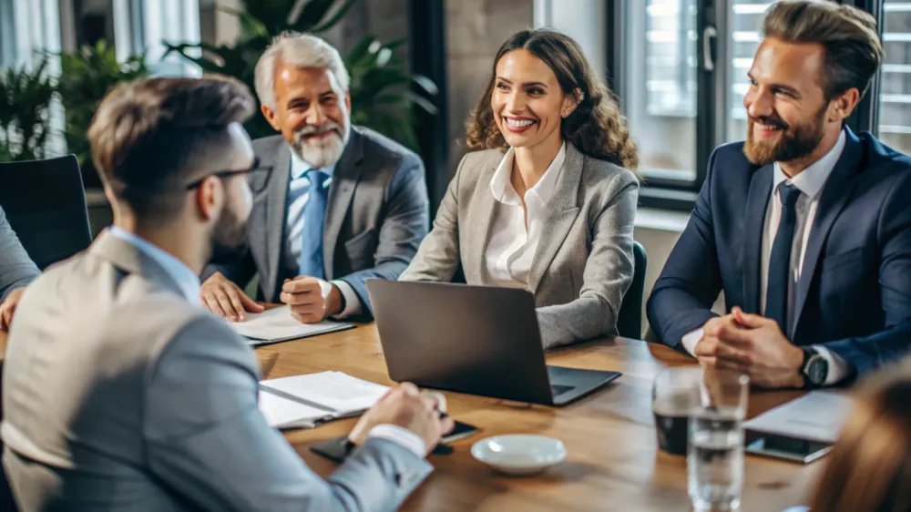 Des professionnels souriants assis autour d'une table de réunion, discutant de l'achat d'un bien immobilier à plusieurs.