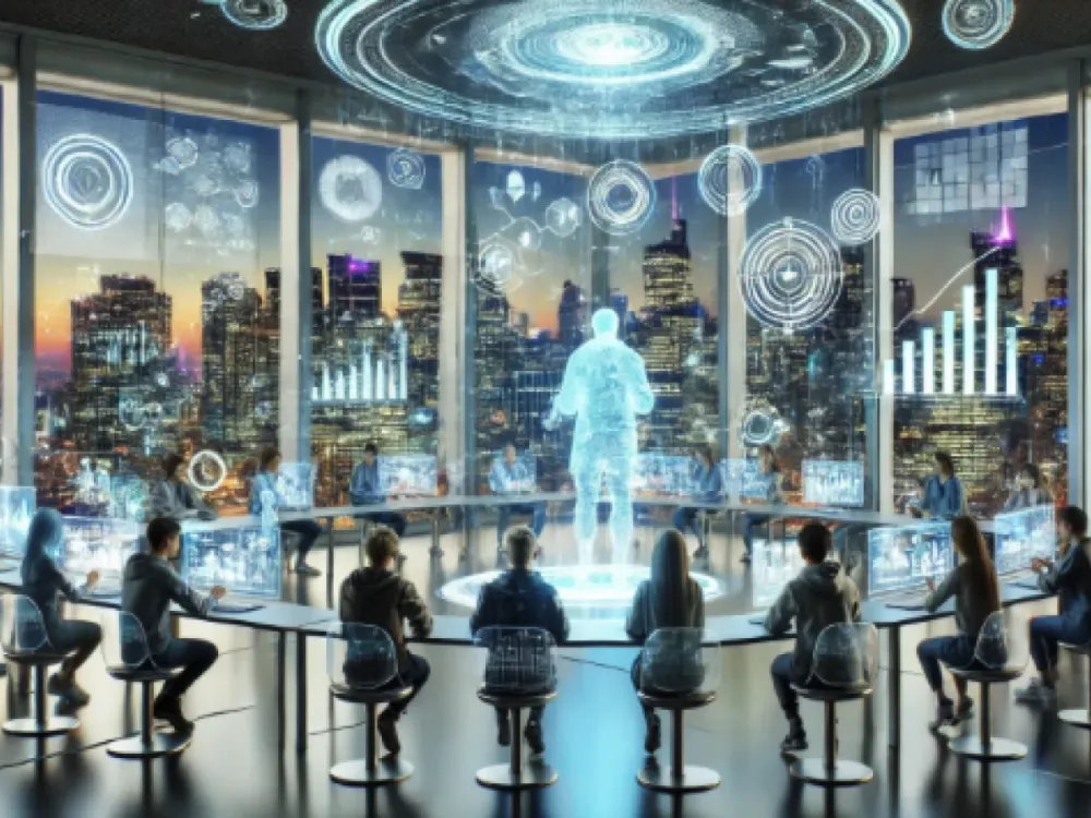 Une salle de réunion futuriste avec des personnes assises autour d'une table ronde, regardant un hologramme au centre, symbolisant l'innovation et la prise de décision stratégique.