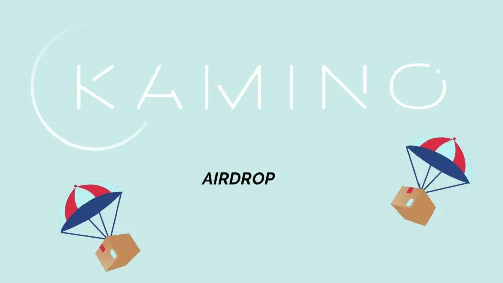 Image promotionnelle de l'airdrop Kamino avec le logo et des parachutes livrant des boîtes.