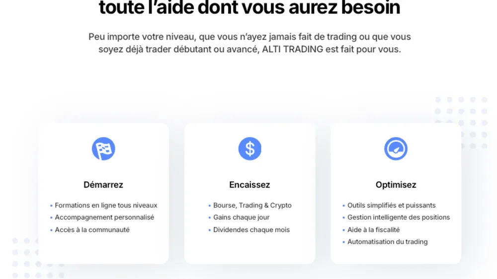 Les avantages d'Alti Trading : formations en ligne, accompagnement personnalisé, bourse, trading, crypto, gains quotidiens, outils simplifiés, gestion des positions.