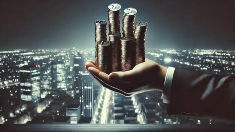 Une main tenant des piles de pièces d'un euro, symbolisant l'accumulation d'économies sur fond de paysage urbain nocturne.