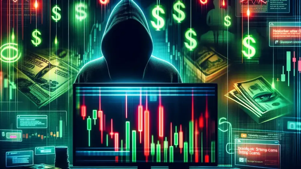 Image d'un hacker devant un écran boursier, symbolisant les arnaques au trading.