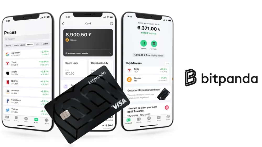 Capture d'écran de l'application Bitpanda sur un smartphone, montrant les prix des cryptomonnaies, le solde du compte et la carte Bitpanda.