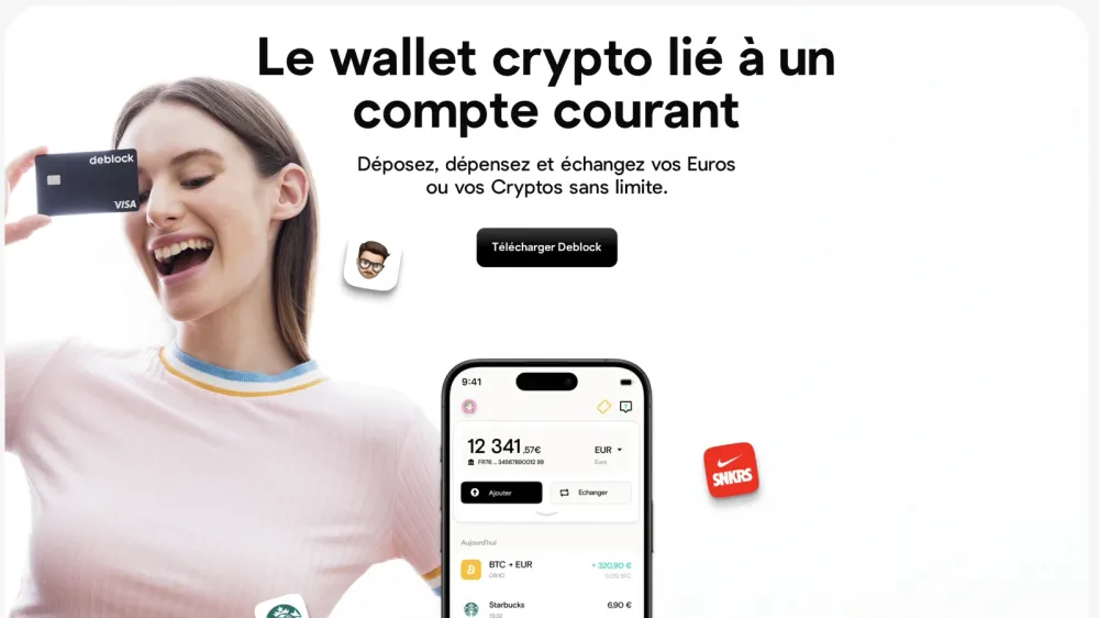 Capture d'écran de l'application Deblock sur un iPhone, montrant un solde de 12 341,57€ et des transactions récentes.