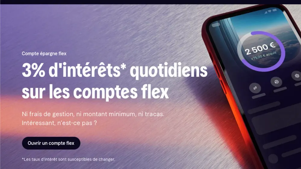 Capture d'écran de l'application Klarna montrant un compte d'épargne avec un taux d'intérêt de 3% et un solde de 2500€.