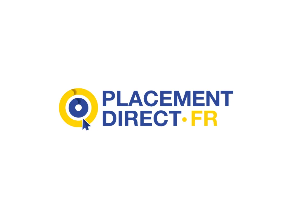 Logo de Placement-direct.fr, un cercle jaune avec un point bleu au centre et un curseur bleu pointant vers le centre, suivi du texte Placement Direct en bleu et .FR en jaune.