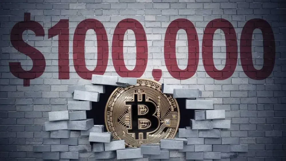 Bitcoin perçant un mur de briques avec le prix de 100 000 $ écrit dessus, symbolisant une percée potentielle du prix du Bitcoin.