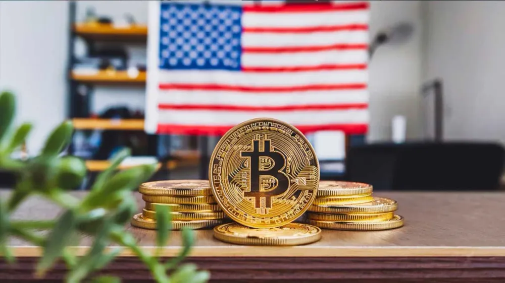 Bitcoin devant le drapeau américain, symbolisant l'influence croissante de la crypto-monnaie dans la politique américaine.