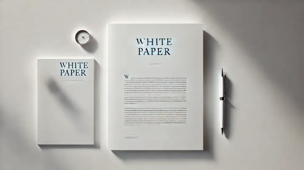 Image de deux documents 'White Paper' et un stylo sur une surface blanche, symbolisant l'importance des white papers dans le domaine de la crypto.