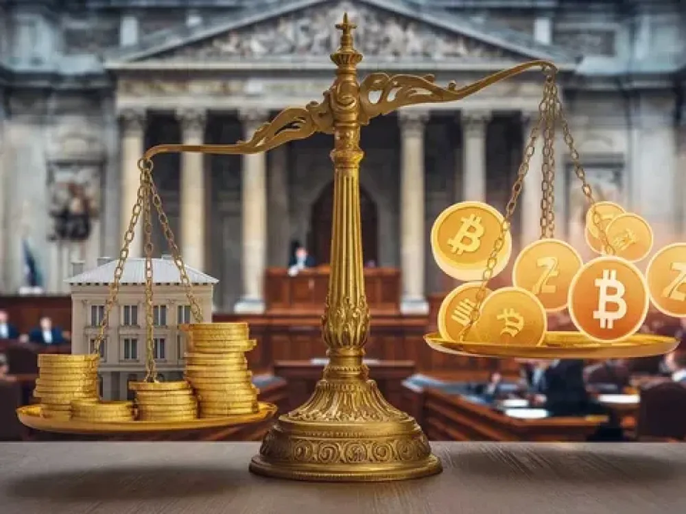 Balance de la justice avec d'un côté une maison et des pièces d'or, et de l'autre des cryptomonnaies, symbolisant le débat sur la taxation des actifs numériques et des hauts revenus.