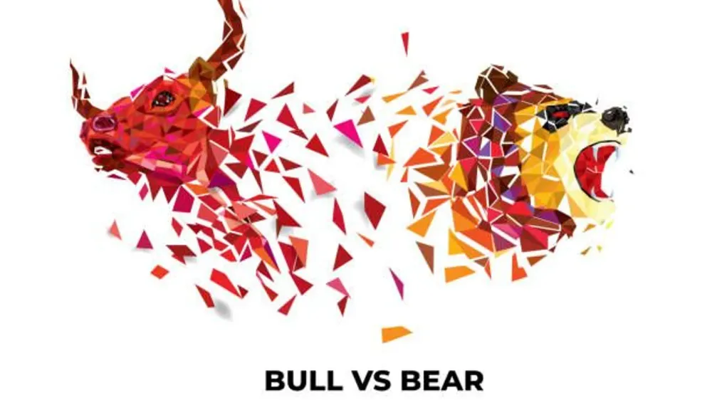 Image abstraite d'un taureau rouge et d'un ours jaune, symbolisant les marchés haussiers et baissiers.