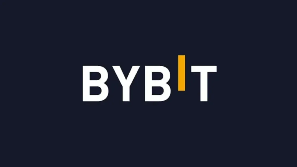 Logo de Bybit sur fond bleu marine, le 'i' est remplacé par une barre verticale jaune.