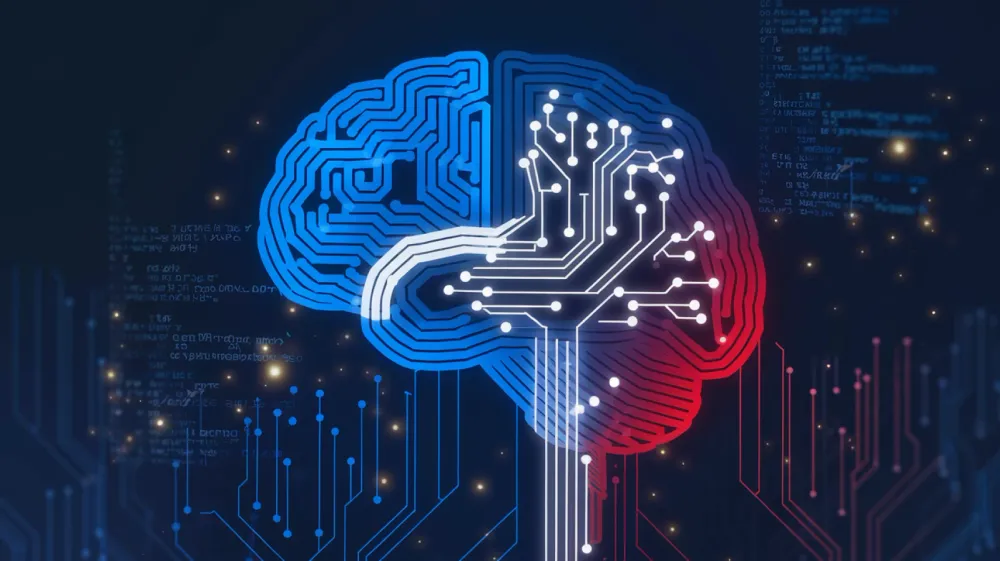 Illustration d'un cerveau divisé en deux, une moitié bleue avec des circuits et l'autre rouge avec des connexions neuronales, symbolisant l'IA.