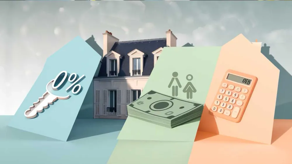 Illustration de l'accès à la propriété avec une maison, un taux d'intérêt à 0%, de l'argent, un couple et une calculatrice.