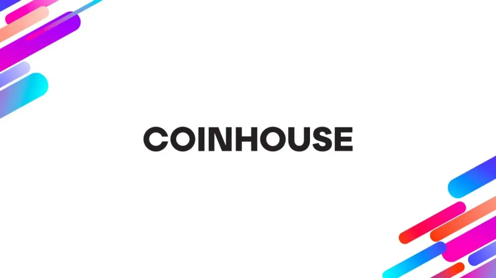 Logo de Coinhouse, une plateforme d'investissement en cryptomonnaies, avec des formes colorées en arrière-plan.