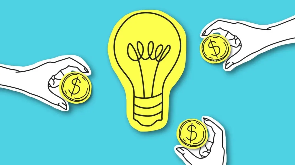 Illustration de crowdfunding avec une ampoule au centre et des mains tenant des pièces de monnaie autour.
