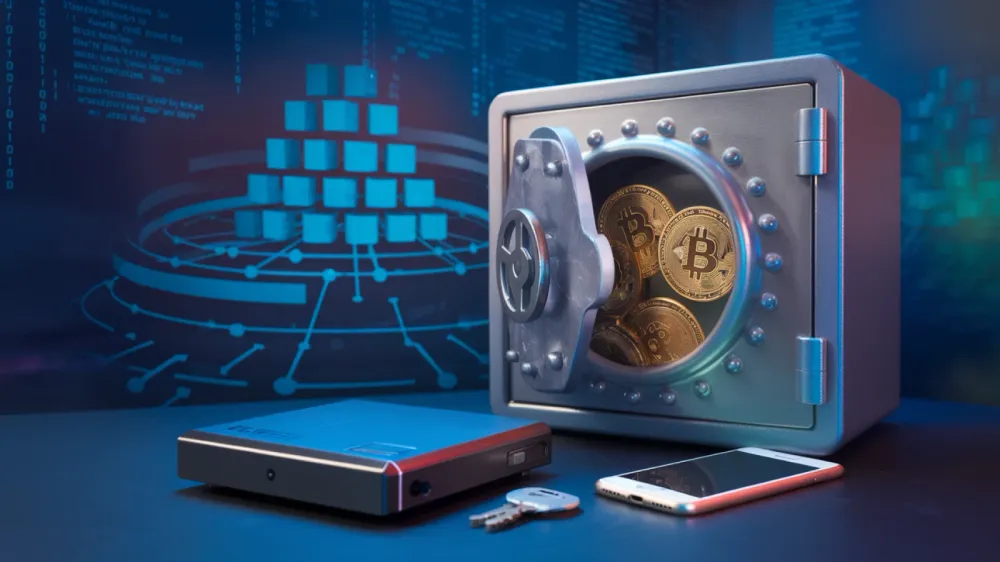 Coffre-fort ouvert rempli de Bitcoins, symbolisant la sécurité des actifs numériques en cryptomonnaie.