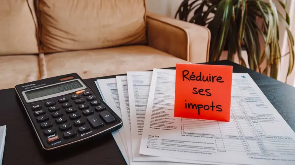 Calculatrice, documents et post-it orange avec l'inscription "Réduire ses impôts"