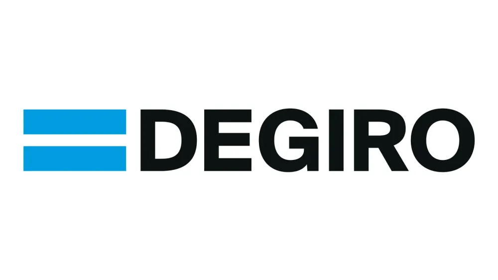 Logo de DEGIRO, un courtier en bourse en ligne, avec deux barres bleues horizontales et le nom DEGIRO en noir.