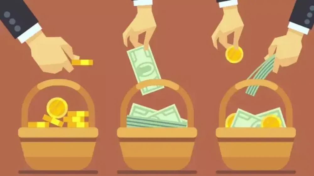 Illustration de mains déposant des pièces et des billets dans différents paniers, symbolisant la diversification des investissements.