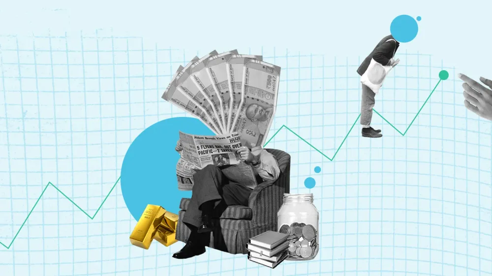 Image illustrant la gestion financière avec des éléments comme de l'argent, de l'or, des livres et un graphique de croissance.