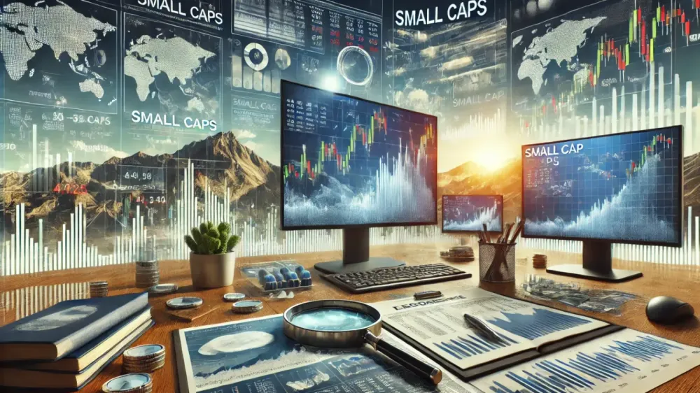 Bureau d'analyste financier avec écrans affichant des graphiques boursiers et des données sur les small caps, symbolisant l'investissement en 2025.