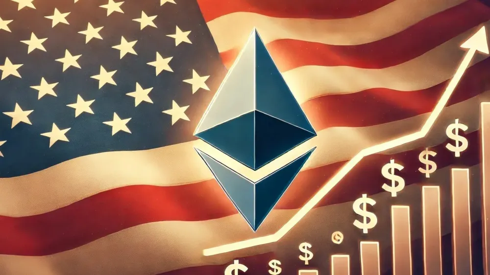 Image d'un drapeau américain avec le logo Ethereum, un graphique de croissance et des symboles dollar, suggérant le lancement d'un ETF ETH aux États-Unis.