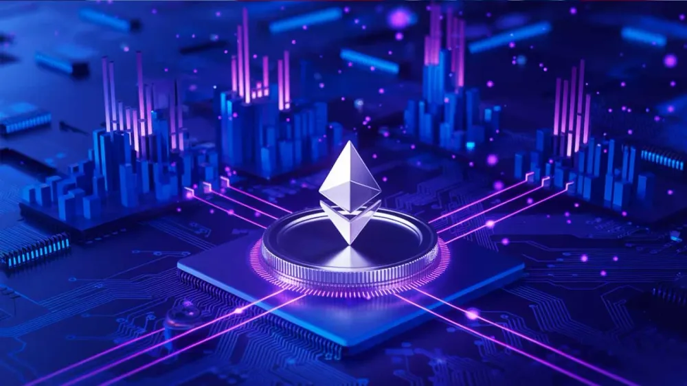 Image futuriste d'Ethereum sur un circuit imprimé, symbolisant l'innovation et la technologie blockchain.