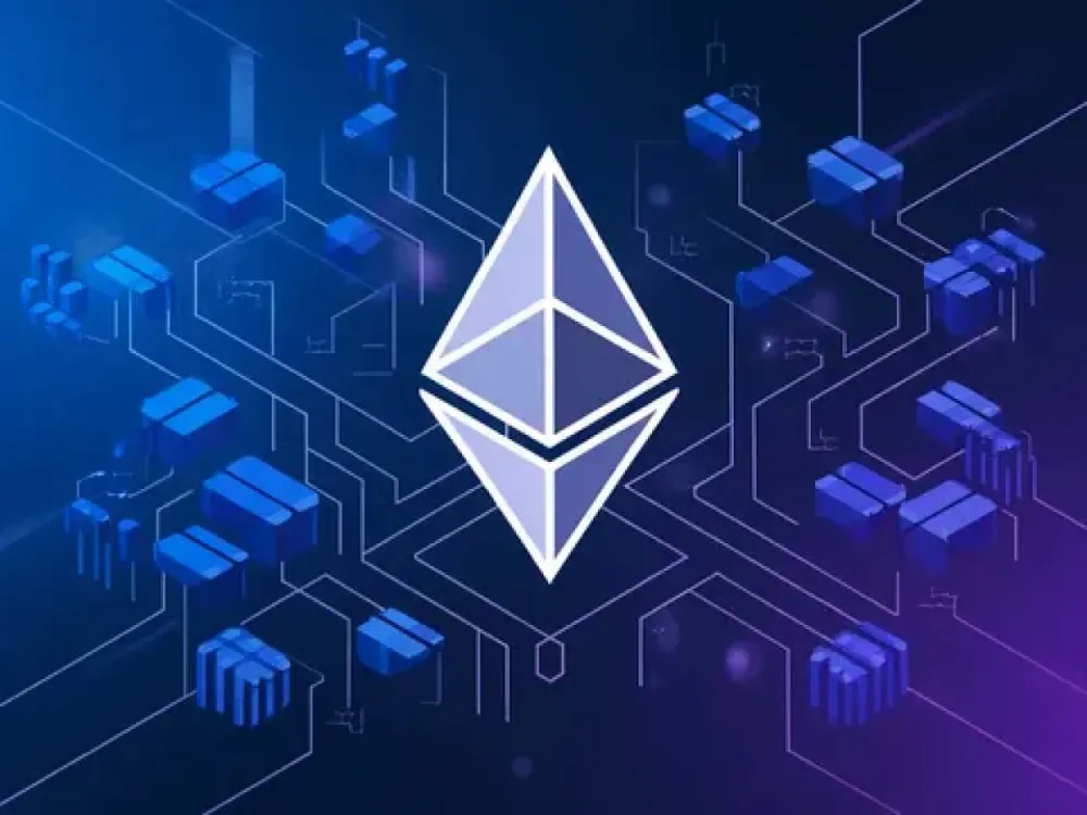 Illustration d'Ethereum avec des blocs connectés, symbolisant un réseau complexe et interconnecté.